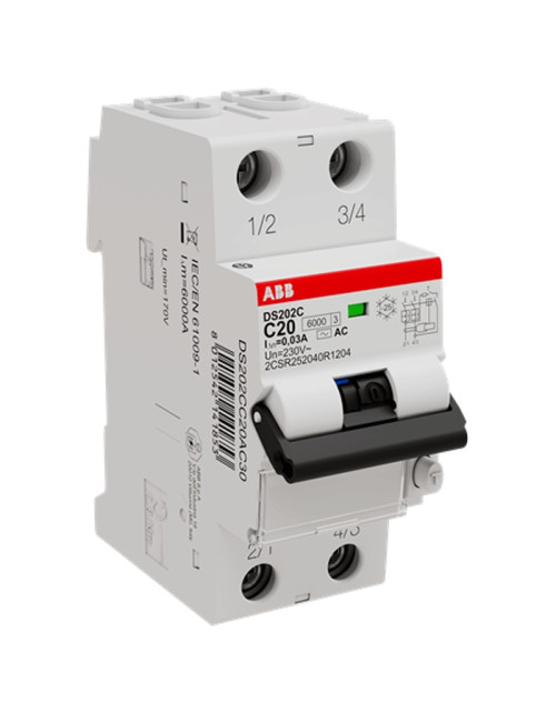 ABB magneto-thermal differential switch 2 poles 20A 30mA type AC 2 modules