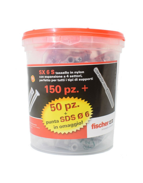 Jar of Fischer nylon SX6 S plugs 200 pieces and 6 mm tip