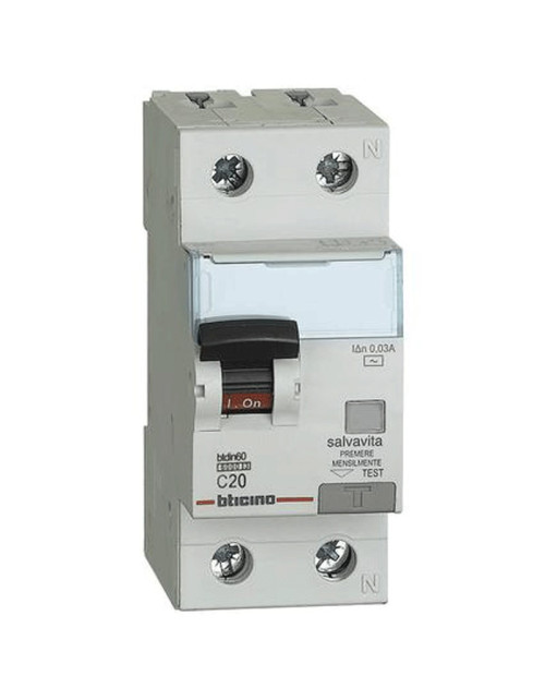 Bticino Differenzialer magnetothermischer Schalter 1P+N 20A 30mA Typ AC 6kA 2 Module GN8813AC20