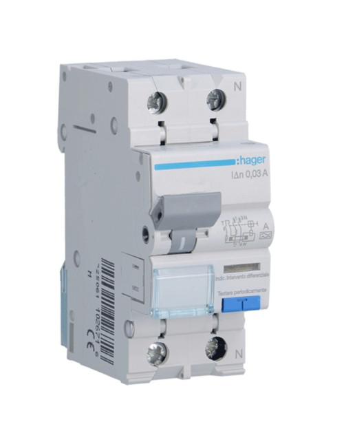 Disyuntor de corriente residual Hager 1P+N 30MA 16A ADA816H