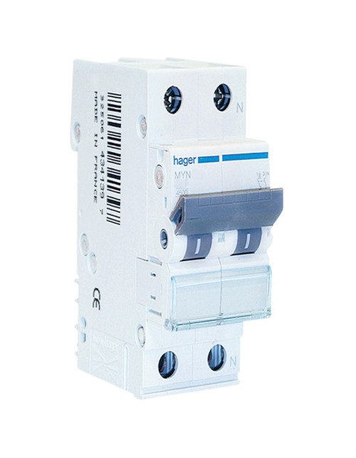Hager interrupteur magnéto-thermique 1P+N 20A 4.5KA C 2 modules MYN520